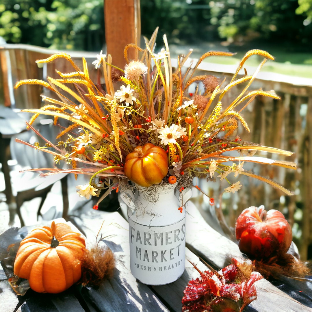 Fall Farmhouse Milk Jug and Pumpkin Rustic Table Arrangement, Fall ...