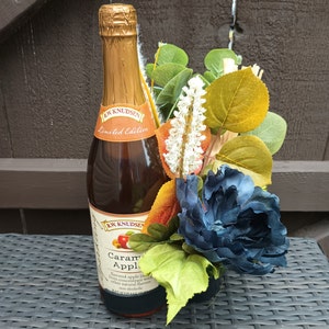 Wine Bottle Floral Bouquet Decor, Thanksgiving Hostess Gift, Champagne Floral Arrangement Bottle Topper, Holiday Dining Table Centerpiece