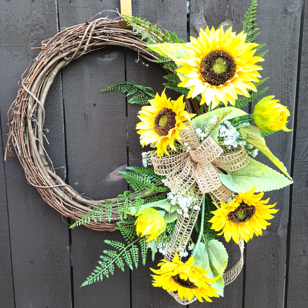 Bright Sunflower Grapevine Wreath - Rustic Farmhouse Decor With Natural ...