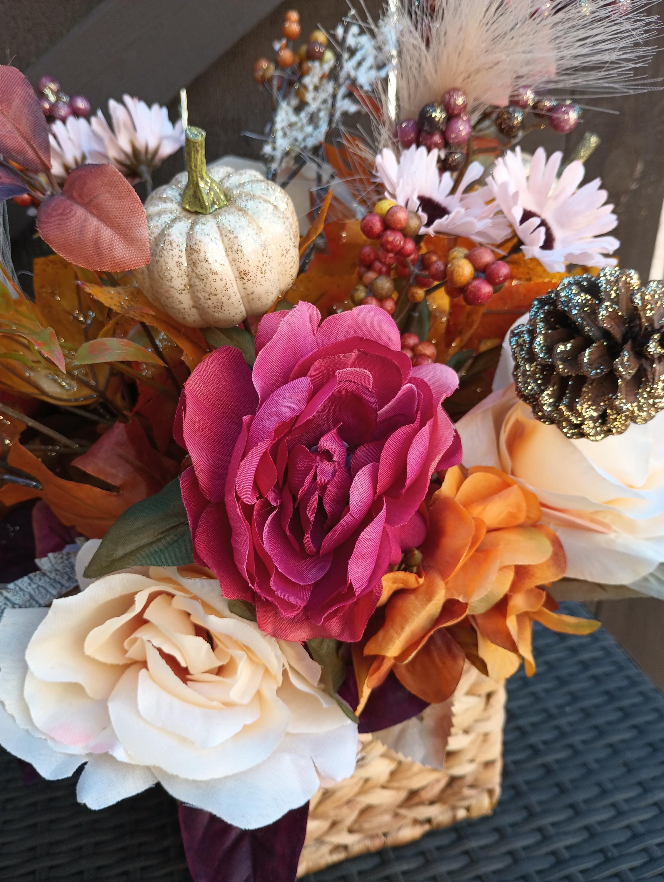 Fall Silk Flower Centerpiece Entryway Tablescape in Woven Basket ...