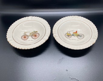 Harkerware 4 3/4" Porcelain Ashtrays with old cars in bottom ash bowl