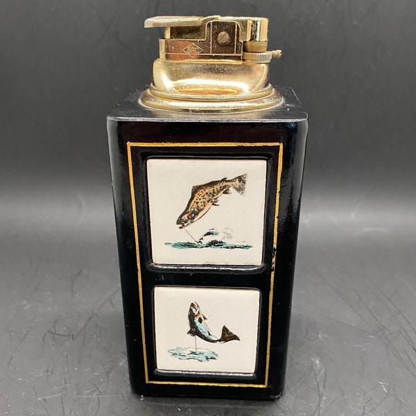 Vintage Evans Fuel wrapped tall Tabletop Lighter with two fish on front
