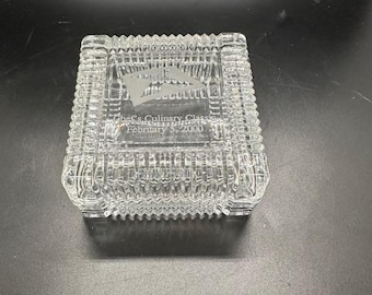 Vintage Clear Glass Ribbed Square Cigarette Box, branded with Chefs Culinary Classic and logo
