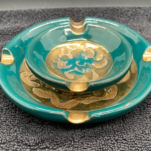 Green & Gold Ceramic glazed Round Ashtrays 5 1/2&quot; and 3 1/2&quot;