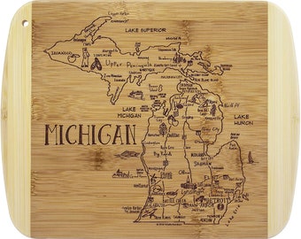 A Slice of Life Michigan Tabla de cortar y servir de bambú - Grabado con láser Michigan Made, Michigander, City & State