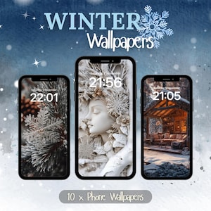 May include: Three phone screen mockups with winter-themed wallpapers. The first wallpaper features a close-up of a snowy pine branch. The second wallpaper features a white sculpture of a woman's face with a floral design. The third wallpaper features a snowy cabin with a lit window. The text "WINTER Wallpapers" is at the top of the image. The text "10 x Phone Wallpapers" is at the bottom of the image.