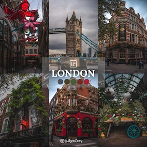 Puede incluir: Un collage de imágenes que muestran varios monumentos y escenas de Londres, Inglaterra. El collage incluye una vista del Puente de la Torre, un pub tradicional, una calle llena de tiendas y un mercado cubierto con vegetación.
