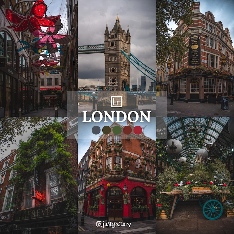May include: A collage of images showcasing various landmarks and scenes in London, England. The collage includes a view of Tower Bridge, a traditional pub, a street lined with shops, and a covered market with greenery.
