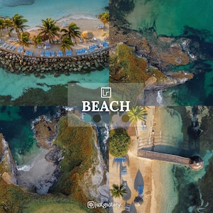 May include: An aerial view of a tropical beach with turquoise water, rocky cliffs, and palm trees. The beach has white sand and a wooden pier extending into the water. There are lounge chairs and umbrellas on the beach.