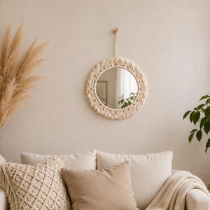 Handmade Macrame Wall Mirror | Boho Round Hanging Mirror | Woven Cotton Rope Mirror | Nursery, Bedroom & Living Room Decor