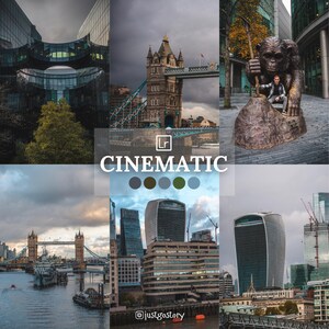 May include: A collage of images featuring London landmarks, including the Tower Bridge, the Shard, and the London Eye. The images are in a cinematic style, with a dark and moody color palette.
