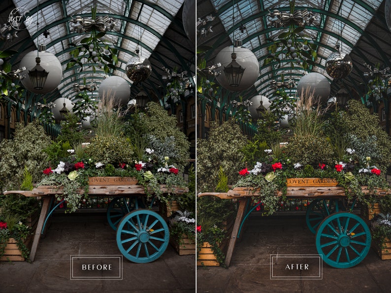 May include: A wooden cart with blue wheels sits in a covered market. The cart is filled with green plants and red and white flowers. The sign on the cart reads "Covent Garden".
