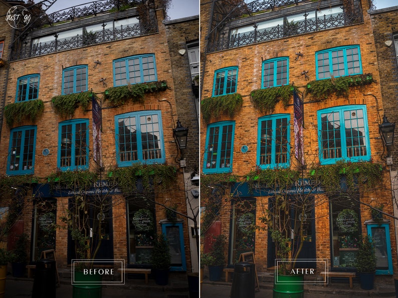 May include: A brick building with turquoise windows and a sign that reads "Rimed London Organic Health & Bar".