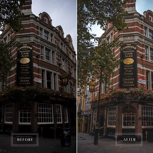 May include: A brick building with a sign that reads "The Cambridge Seasonal Cask Ales" and "Great British Pub Food" with a sign that says "Dining Room Upstairs". The building is located on a street corner and has a dark, moody atmosphere.