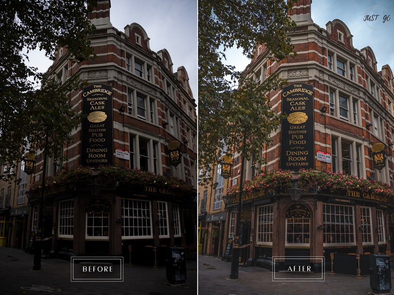 May include: A brick building with a sign that reads "The Cambridge Seasonal Cask Ales" and "Great British Pub Food" with a sign that says "Dining Room Upstairs". The building is located on a street corner and has a dark, moody atmosphere.