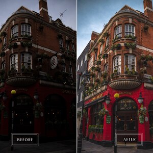May include: A red brick building with a sign that says "Crown & Anchor" and a green awning. The building has a lot of hanging plants and is located on a street corner.