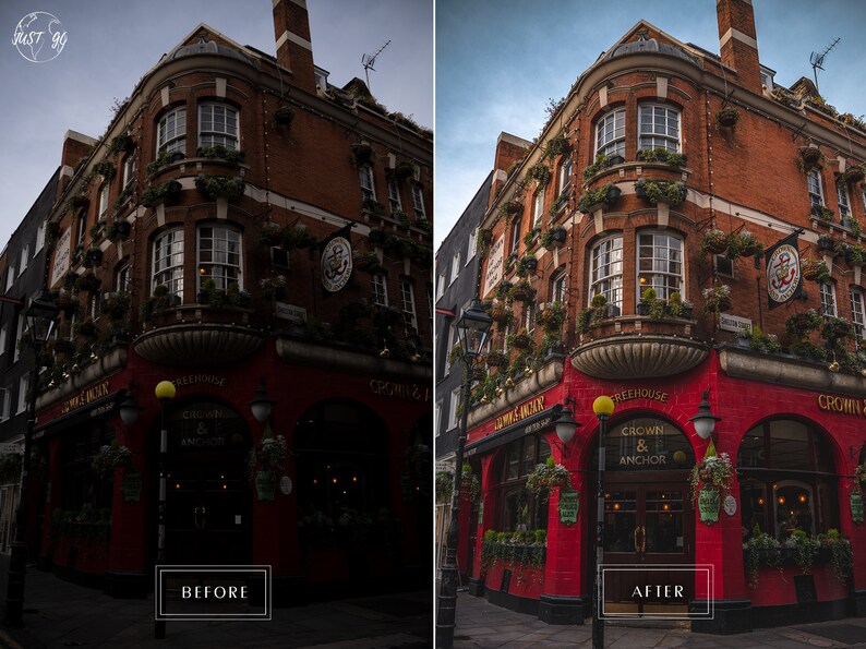 May include: A red brick building with a sign that says "Crown & Anchor" and a green awning. The building has a lot of hanging plants and is located on a street corner.
