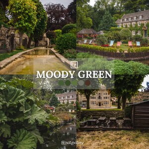 May include: A collage of images showcasing a quaint English village with lush greenery, stone buildings, and a small stream. The images are arranged in a grid pattern with the text "MOODY GREEN" in the center.