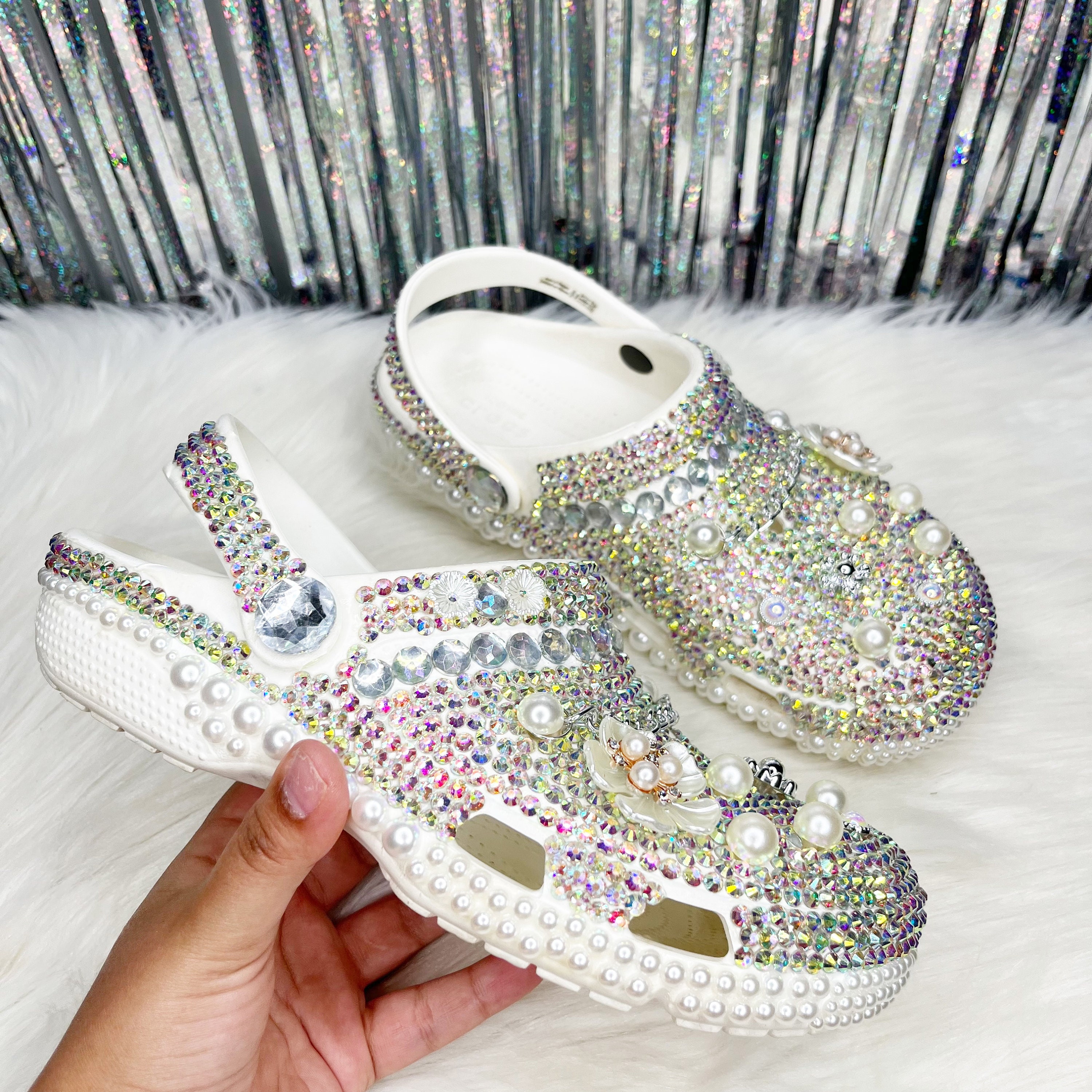 WHITE CUSTOM BLING CROCS – Hems and Hers