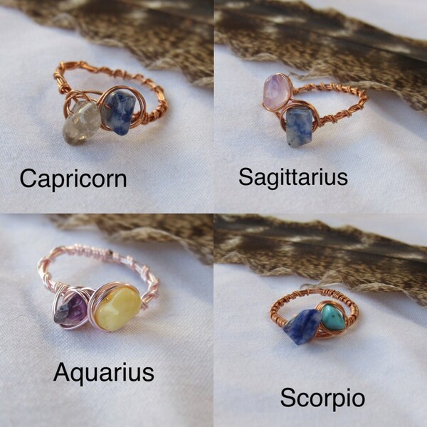 Zodiac Sign Crystal Wire Wrapped Rings, Zodiac Rings, Zodiac Crystal Rings, Aries, Sag,Capricorn, Leo, Taurus, Libra, Scorpio, cancer zodiac