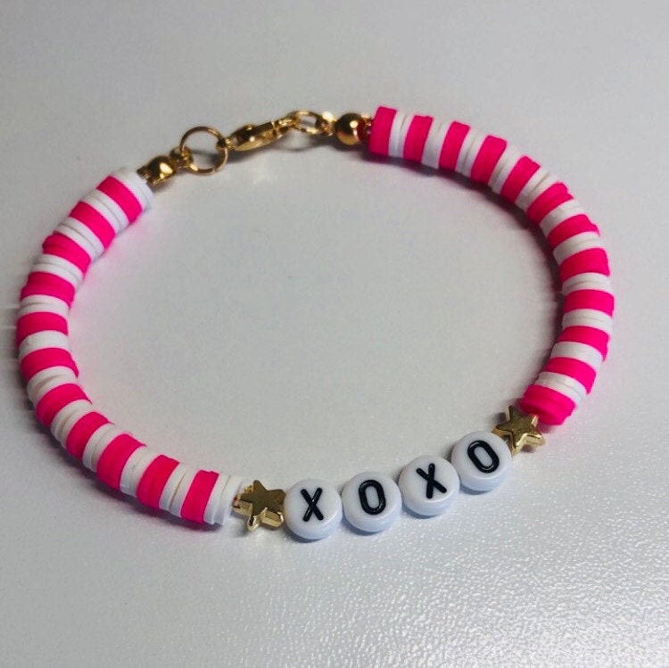 Pink and White XOXO Clay Bead Bracelet Etsy