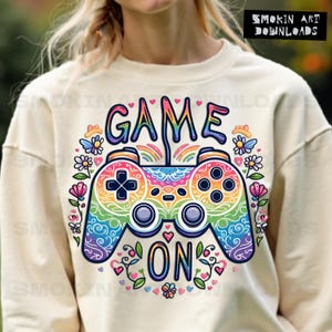 Game On Video Gaming Sublimation PNG Blumen Regenbogen Herzen Game Controller DTF Design Kids Gaming Bunt Shirt Grafiken Printable 102