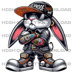 Kugelsicherer Hiphop Gangster-Kaninchen PNG digitaler Download, Sublimationstransferdesign, DTF Design, digitale Übertragung 4 Tassen, Hemden, Aufkleber
