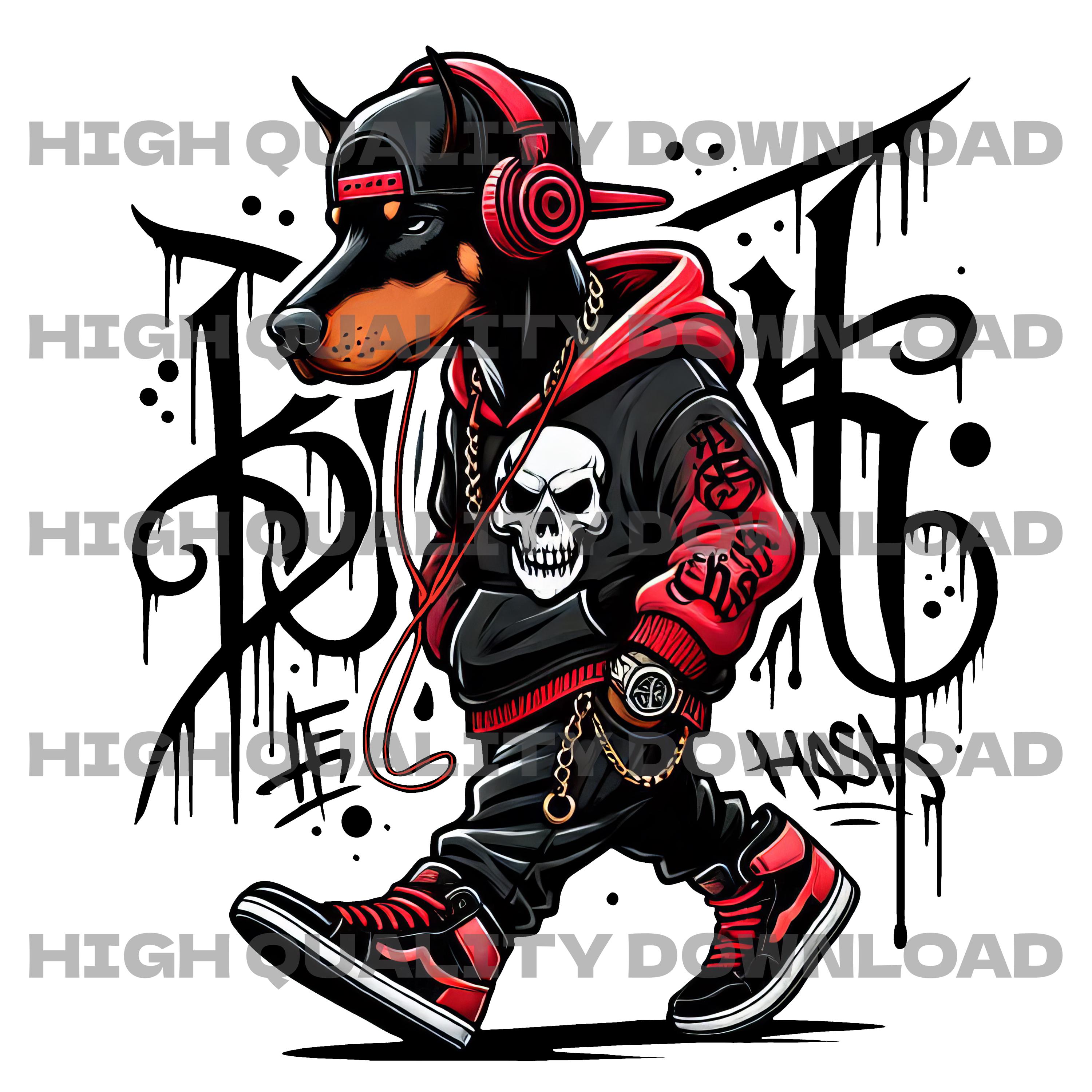 Doberman Streetwear SVG PNG, Hip Hop Dog Skull Hoodie Design, Urban Rap ...