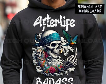 Tatuaje de calavera de motociclista rudo de Afterlife PNG, pegatina de calavera, diseño de sublimación de camiseta de calavera, DTF, calavera de Harley Davidson Chopper, loro fumador con porro