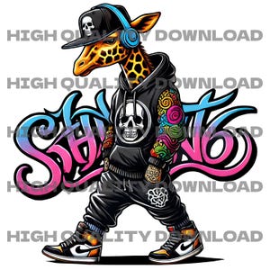 Jirafa hip hop genial PNG, clipart de niño jirafa de ropa urbana, arte animal urbano, descarga digital de moda, moda estilo rap, diseño animal estilo
