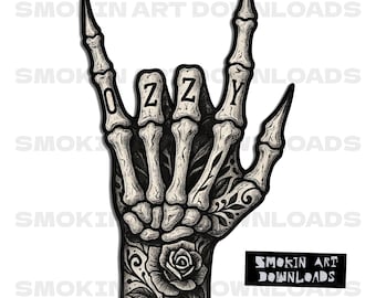 Ozzy Skull Hand PNG Szkieletowa dłoń Clipart Rose Tattoo Sublimation Design Halloween Skull Printable Bone Tattoo Art Graphic