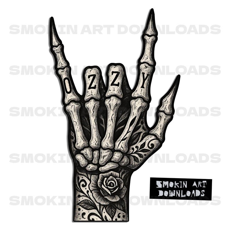 Puede incluir: Ilustraci&oacute;n en blanco y negro de una mano esquel&eacute;tica haciendo el gesto de 'rock on'. La palabra "OZZY" est&aacute; escrita en los nudillos. La mano est&aacute; decorada con tatuajes florales. La imagen incluye el texto "SMOKIN ART DOWNLOADS".