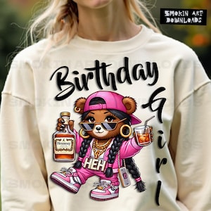 Anniversaire fille hip hop rose ours en peluche PNG fête célébration EVJF Sublimation DTF Design alcool à boire Hennessy Gangster Clipart