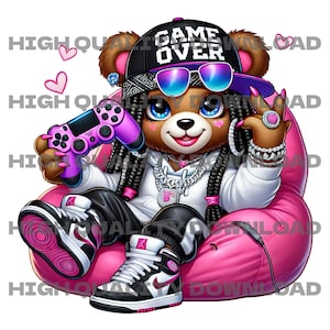 Video Gamer Girl Hiphop Teddy Bear PNG Hip Hop Gangster Sublimation Design Graphic Illustration DTF Design High Quality Printable Graphics