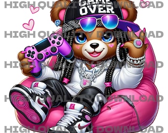 Video Gamer Girl Hiphop Teddy Bear PNG Hip Hop Gangster Sublimation Design Graphic Illustration DTF Design High Quality Printable Graphics