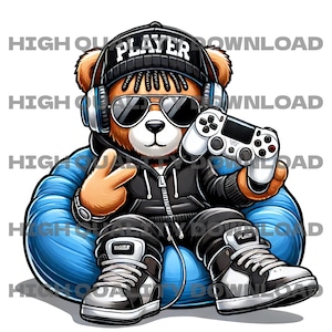 Videospieler Junge Hiphop Teddybär PNG, T-Shirt-Design, Sublimationsdesign, DTF-Design, hochwertige druckbare Grafiken, Videospieler Clipart