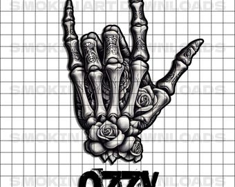 Ozzy Devil Horns Skull Hand PNG Skeleton Hand Clipart Rose Tattoo Sublimation Design Rock On Skull Imprimible Boney Tattoo Art Graphic