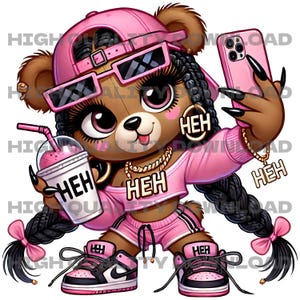 Urso de pelúcia Sassy Hiphop Girl PNG, design de camiseta, sublimação, ilustração gráfica de urso de pelúcia, design DTF, gráfico para impressão de alta qualidade