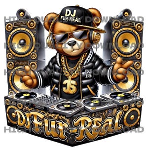 DJ Fur-Real Hiphop Teddybär PNG, T-Shirt Design, Sublimations-Teddybär Grafik-Illustration, DTF-Designs, Hiphop Gangster Teddybär png