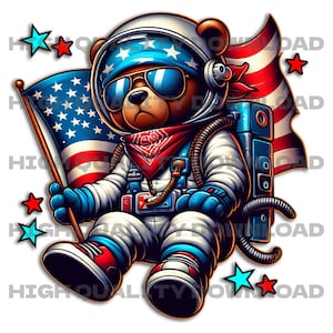 Hip Hop Gangster Astronaut Teddybär PNG Sublimation Design DTF Transfer Clipart 4.Juli Stars and Stripes Feuerwerk Weltraum Amerikanische Flagge