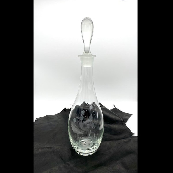 Vintage Toscany Crystal Etched Glass Grey Cut Lily of the Valley Decanter 16”