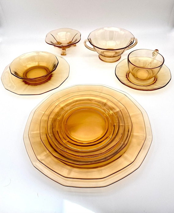 1930s Amber Depression Glass Fairfax Fostoria Dinner Collection