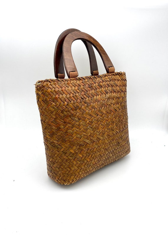 SALE Vintage Raffia Woven Purse with Wooden Handl… - image 1