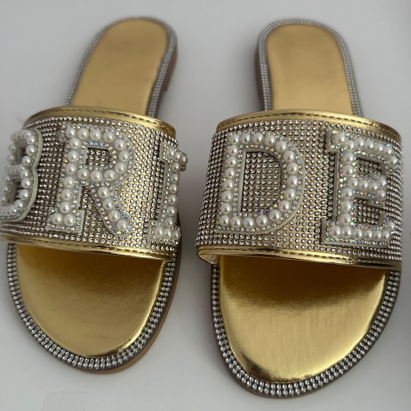 White Bride Pearl Rhinestone Slide Sandals | Bridal Shower gift | Bachelorette | bride sandals