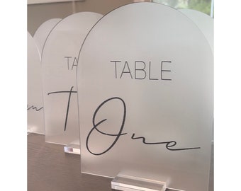 Frosted Acrylic Arch Table Numbers|Modern Wedding Table Signs|Minimalist Reception Decor|Custom Numbered Arch Signs|Elegant Event Styling