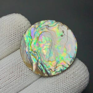 Könnte beinhalten: Ein kreisförmiges Einlagestück aus Abalone-Muschel mit einer polierten, irisierenden Oberfläche und wirbelnden Mustern in Grün-, Rosa-, Gold- und Blautönen. Das natürliche Material weist eine glatte, reflektierende Oberfläche auf.
