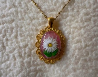 Handmade vintage rose flower cameo pendant necklace, Victorian jewelry, coquette, gift for her