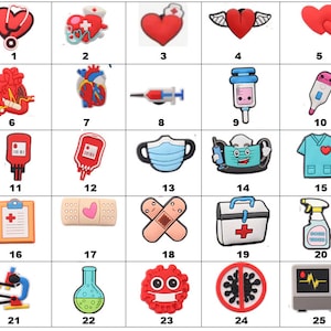 May include: Set of 25 colorful medical themed charms, including a heart with a stethoscope, a heart with a cross, a syringe, a thermometer, a blood bag, a face mask, a first aid kit, and a microscope.