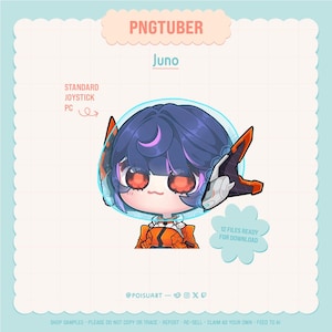 Puede incluir: Ilustración digital de un personaje PNGTuber llamado Juno. El personaje tiene cabello azul con reflejos morados, ojos rojos y viste un atuendo naranja y blanco. El texto incluye "STANDARD JOYSTICK PC" y "12 FILES READY FOR DOWNLOAD."