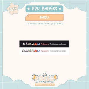 May include: A set of six digital badges featuring characters from the Studio Ghibli film, "My Neighbor Totoro." The badges are in a variety of colors, including red, blue, green, and yellow. The text "P2U Badges" and "Shibli" are displayed above the badges. The text "[6 Badges in 112/72/36/18 PX]" is displayed below the badges. The text "Poisuart: Testing some icons" is displayed below the badges.